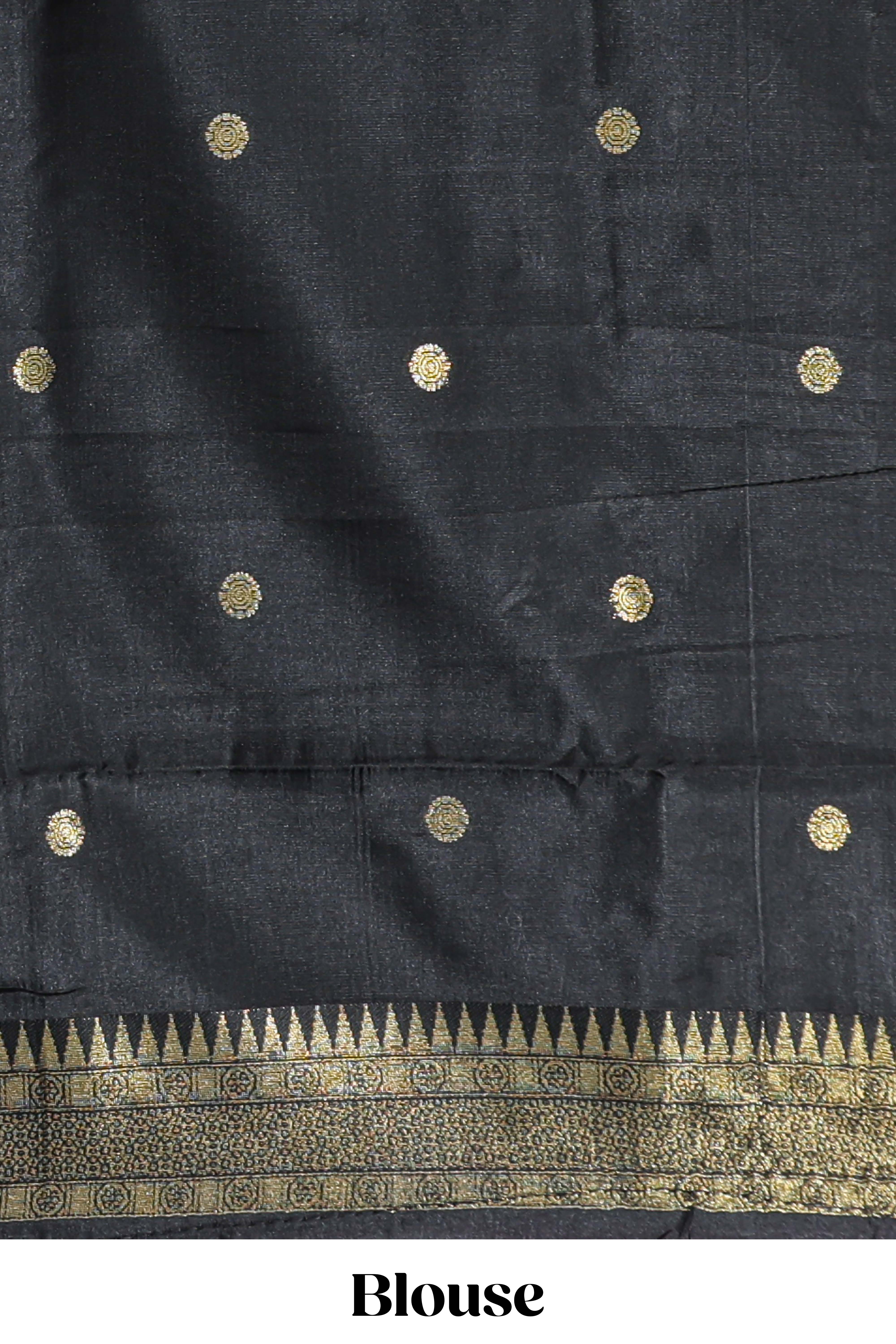 Red shade checked and butta banarasi silk saree with black contrast geometric zari border and buttas blouse