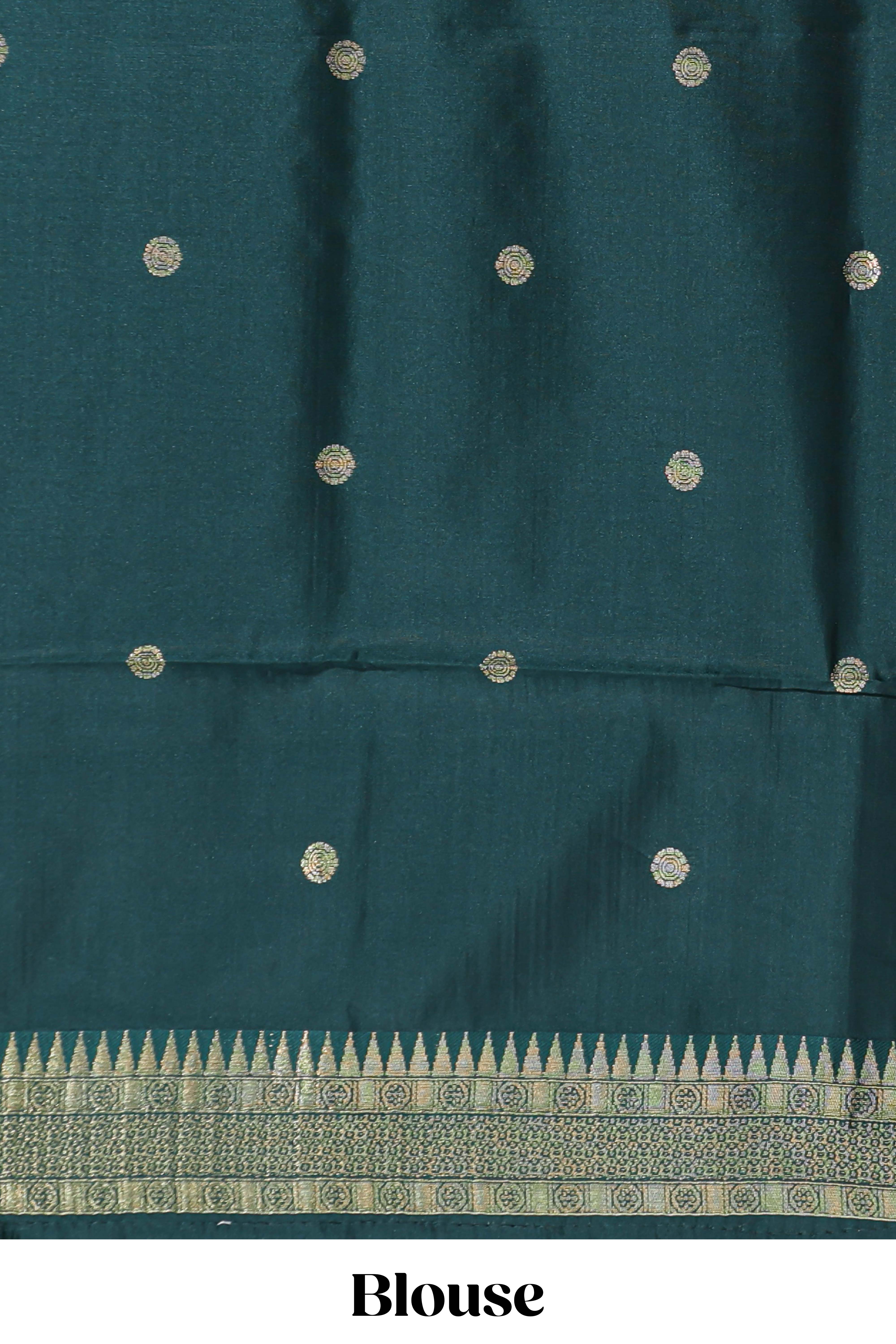Green shade checked and butta banarasi silk saree with contrast geometric zari border and buttas blouse