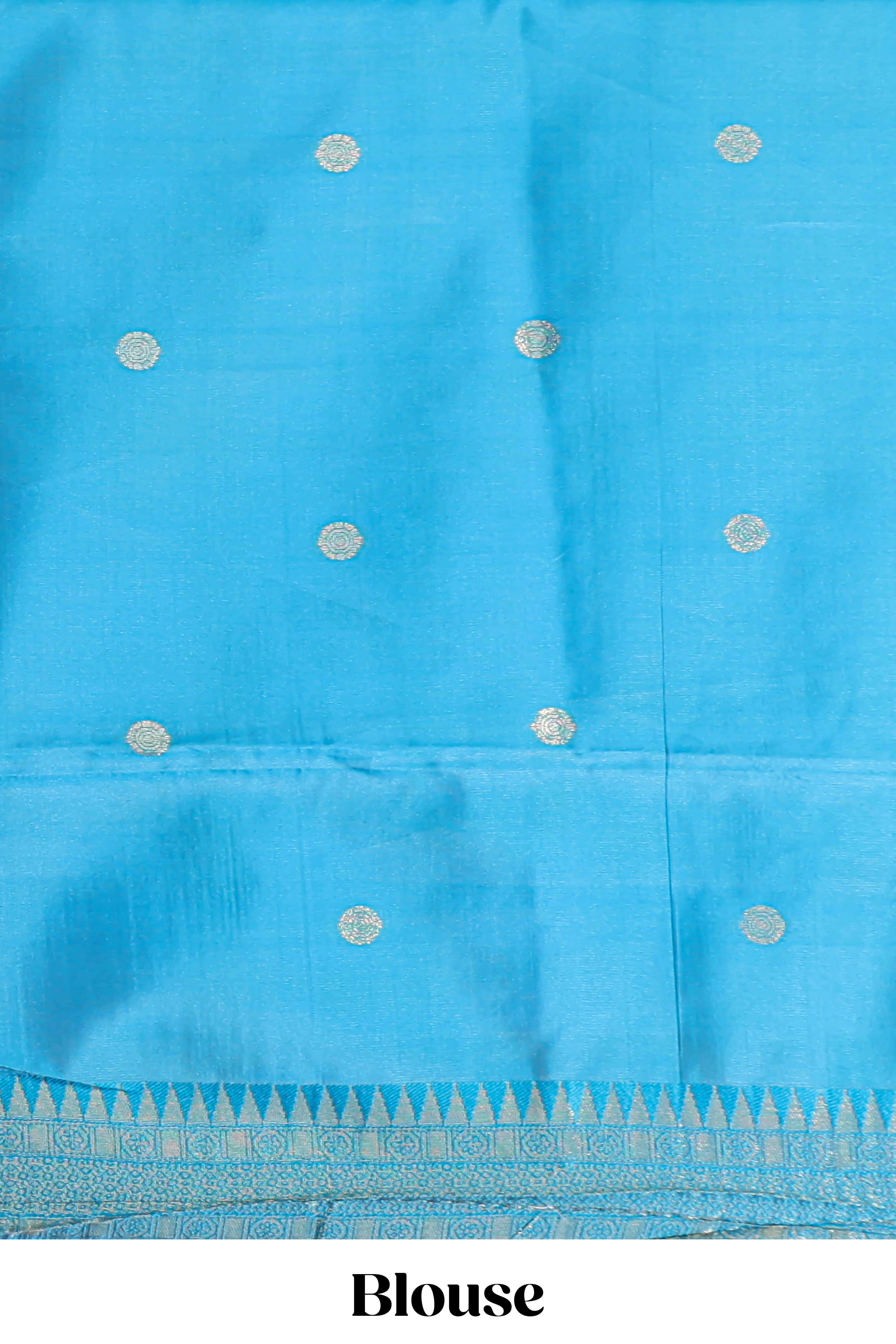 Yellow shade checked and butta banarasi silk saree with teal blue contrast zari border and buttas blouse