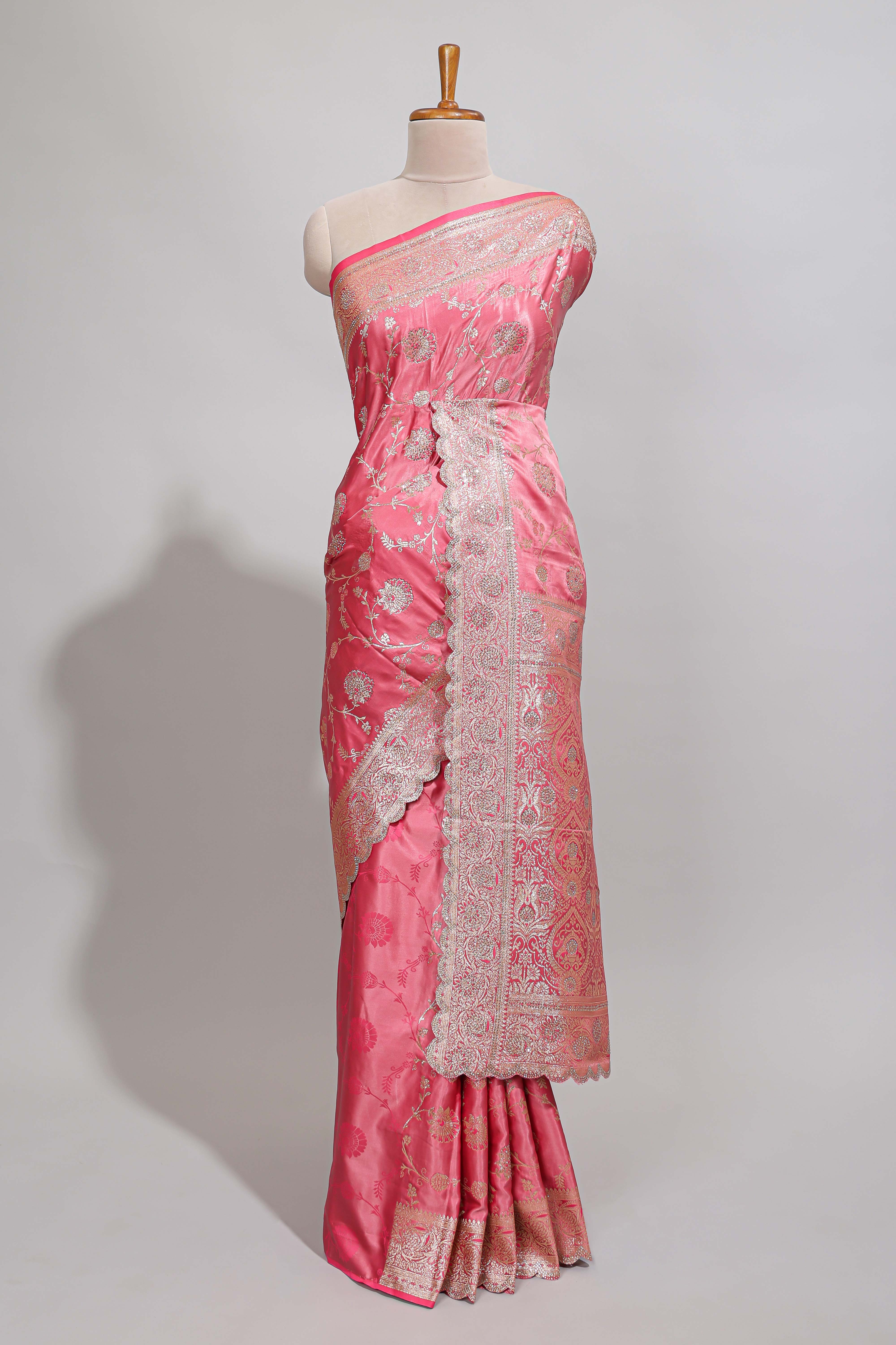 Peach floral designed banarasi silk saree with self zari border and blouse