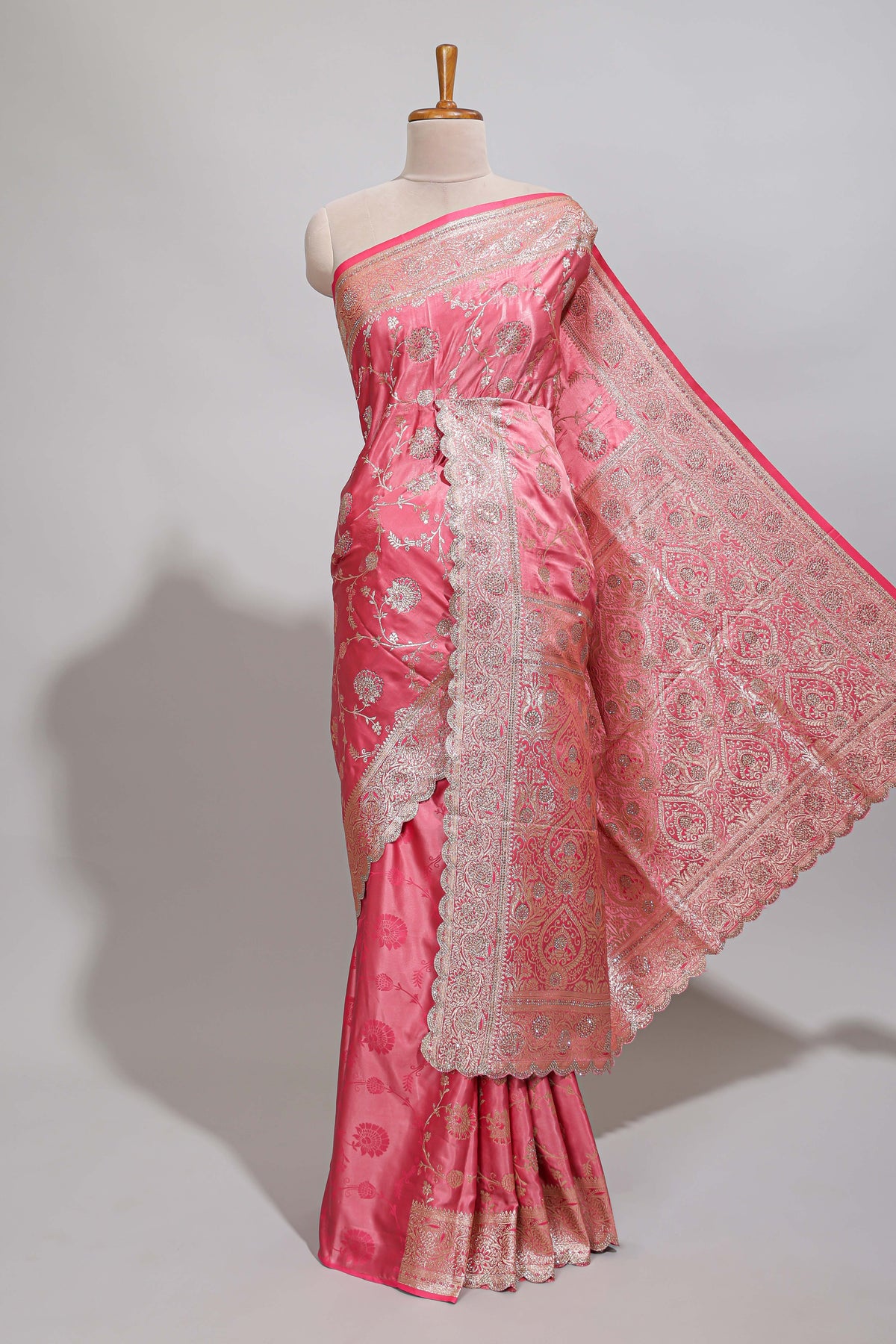 Peach floral designed banarasi silk saree with self zari border and blouse