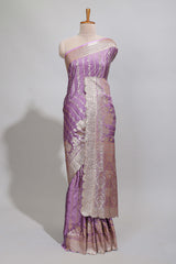 Lavender striped floral design banarasi silk saree with self zari border and blouse