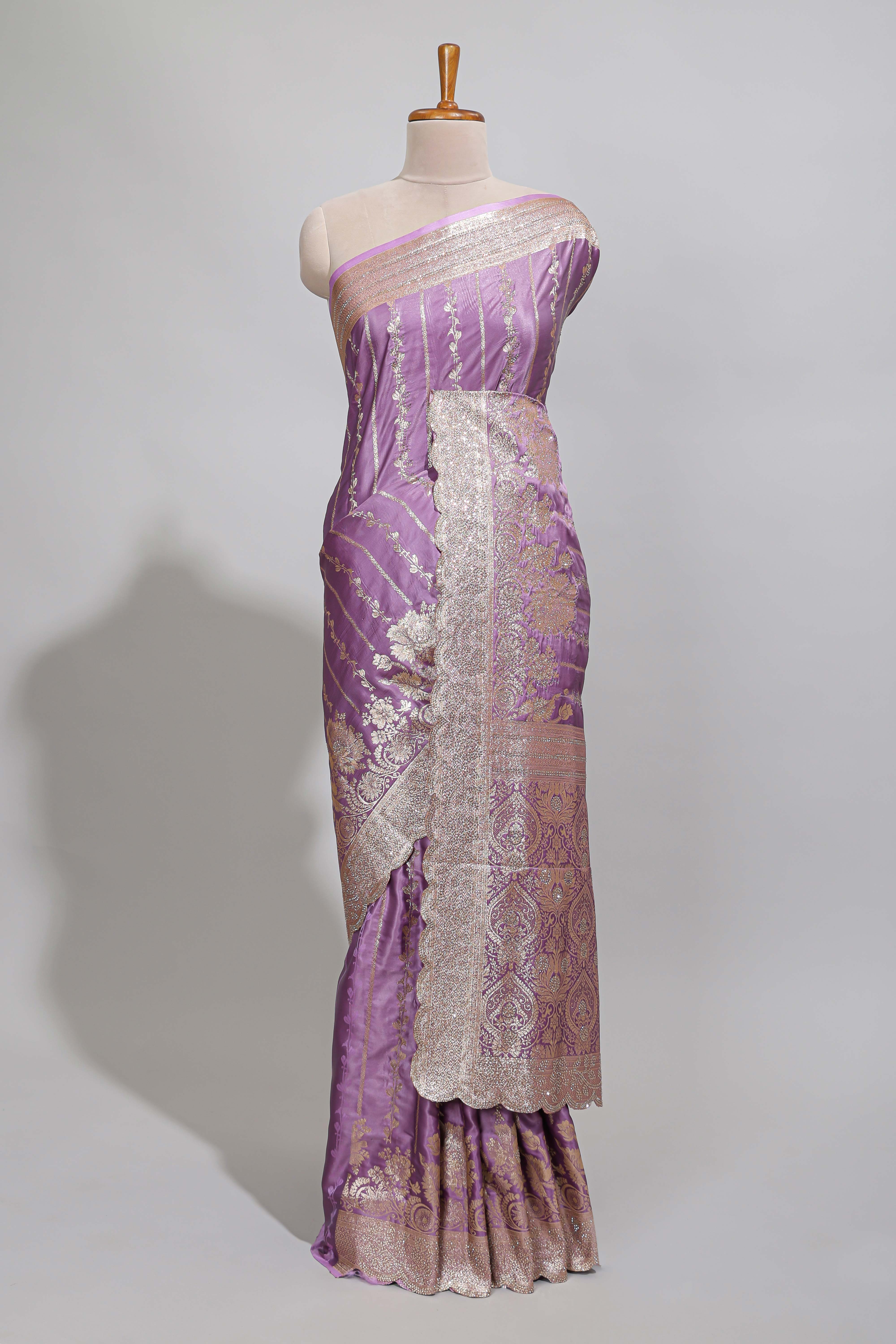 Lavender striped floral design banarasi silk saree with self zari border and blouse