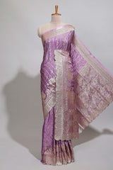 Lavender striped floral design banarasi silk saree with self zari border and blouse