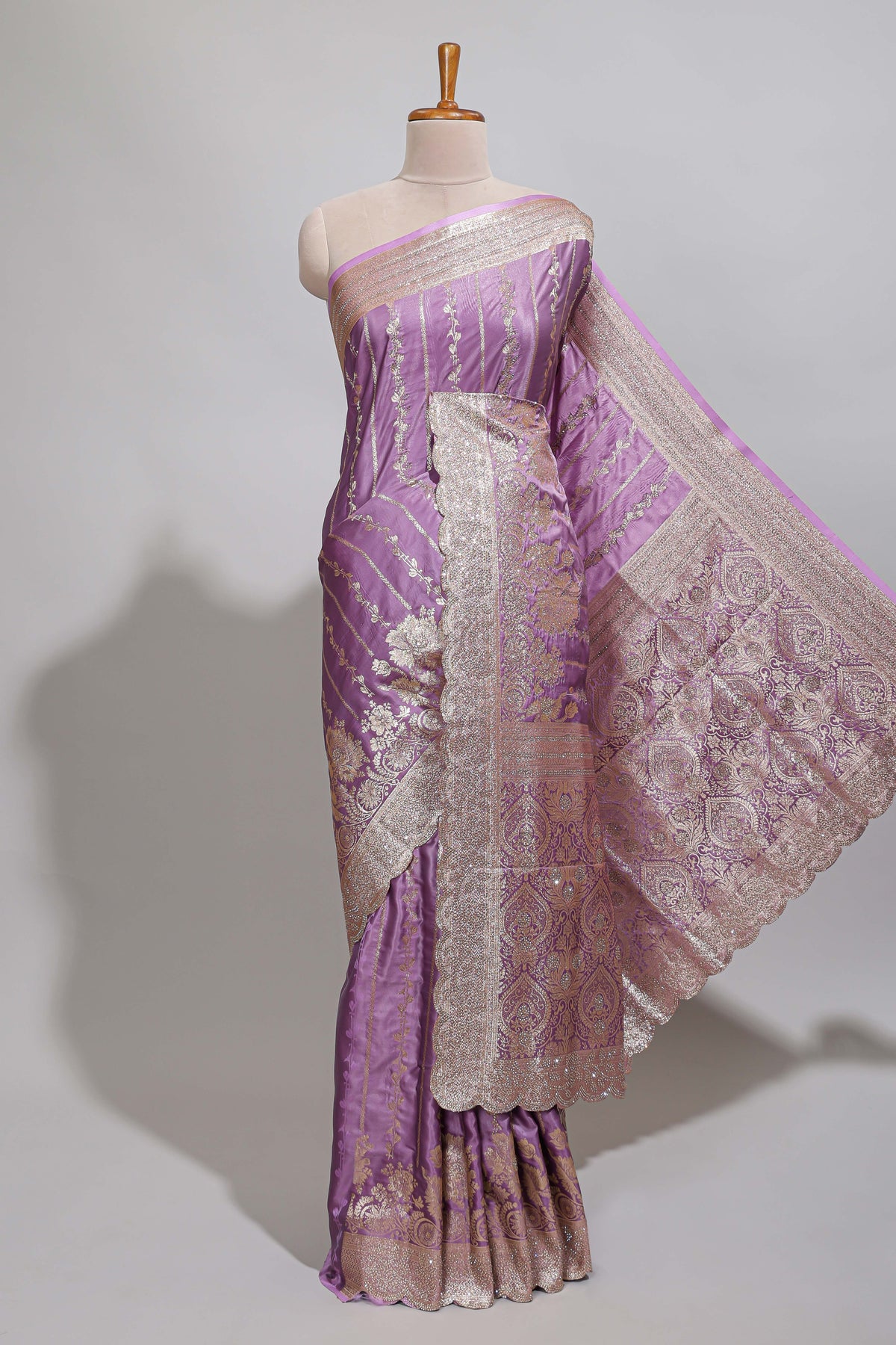 Lavender striped floral design banarasi silk saree with self zari border and blouse