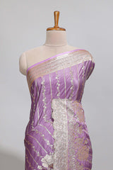 Lavender striped floral design banarasi silk saree with self zari border and blouse