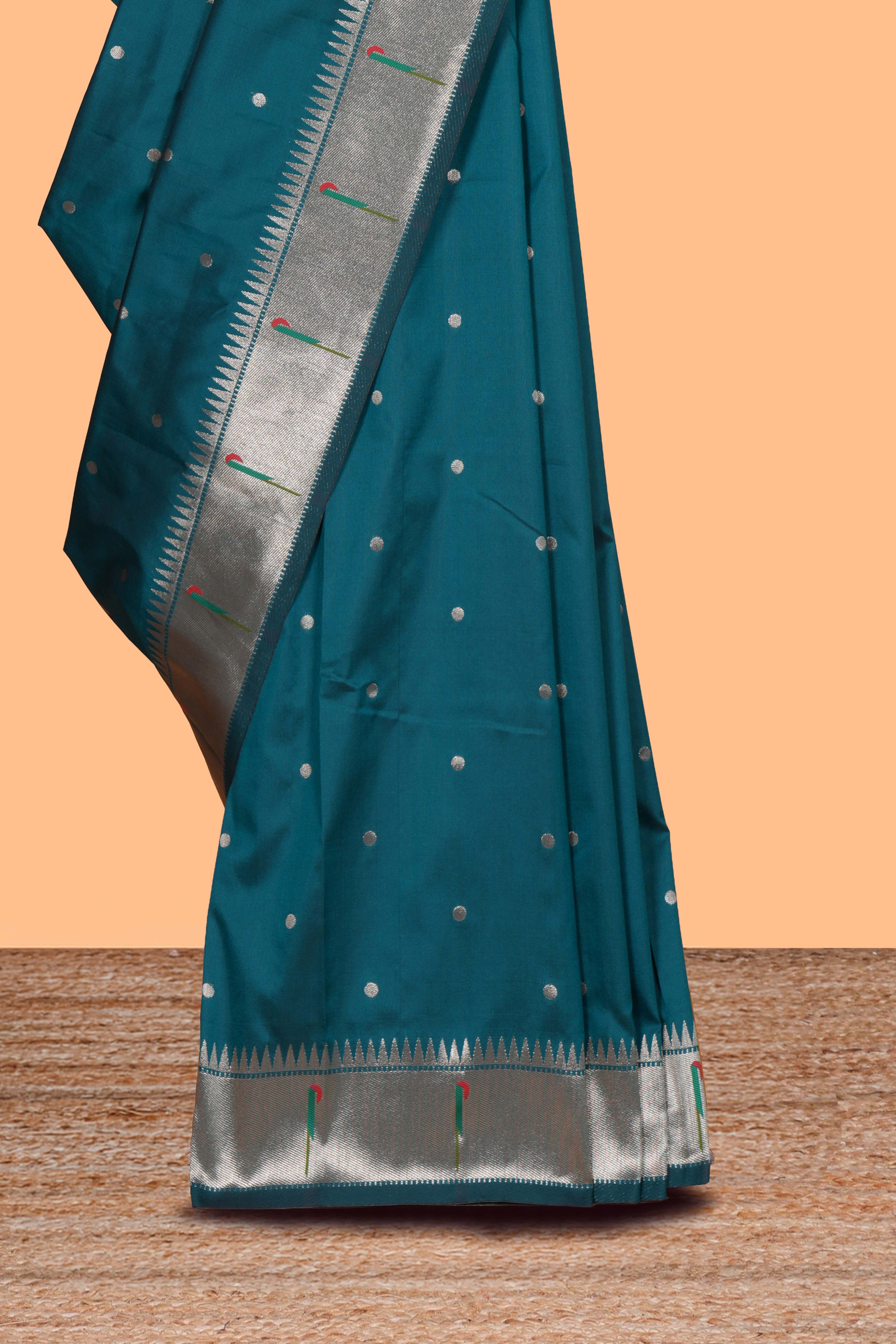 Green zari motifs design paithani silk saree with self zari border and matching blouse