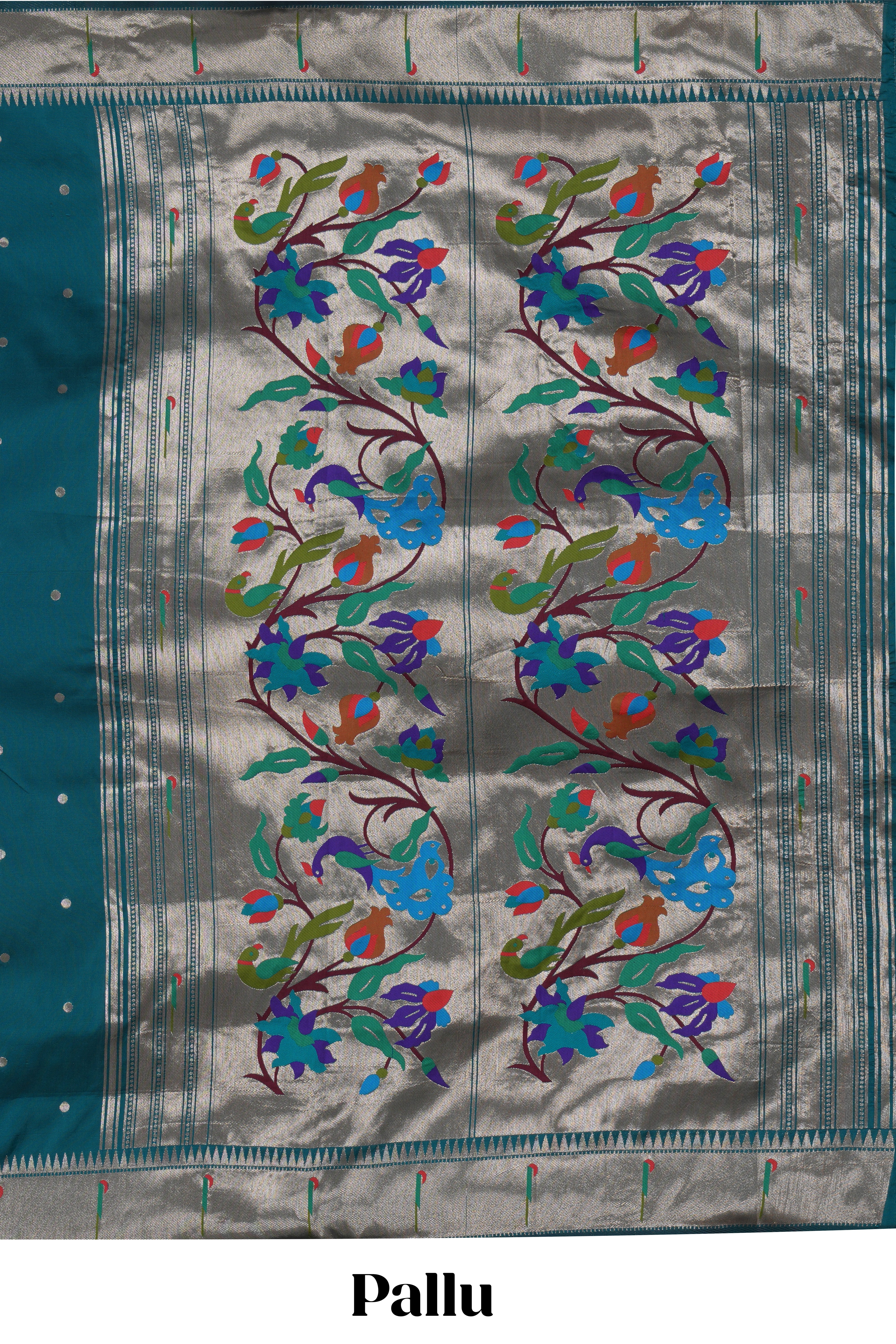 Green zari motifs design paithani silk saree with self zari border and matching blouse