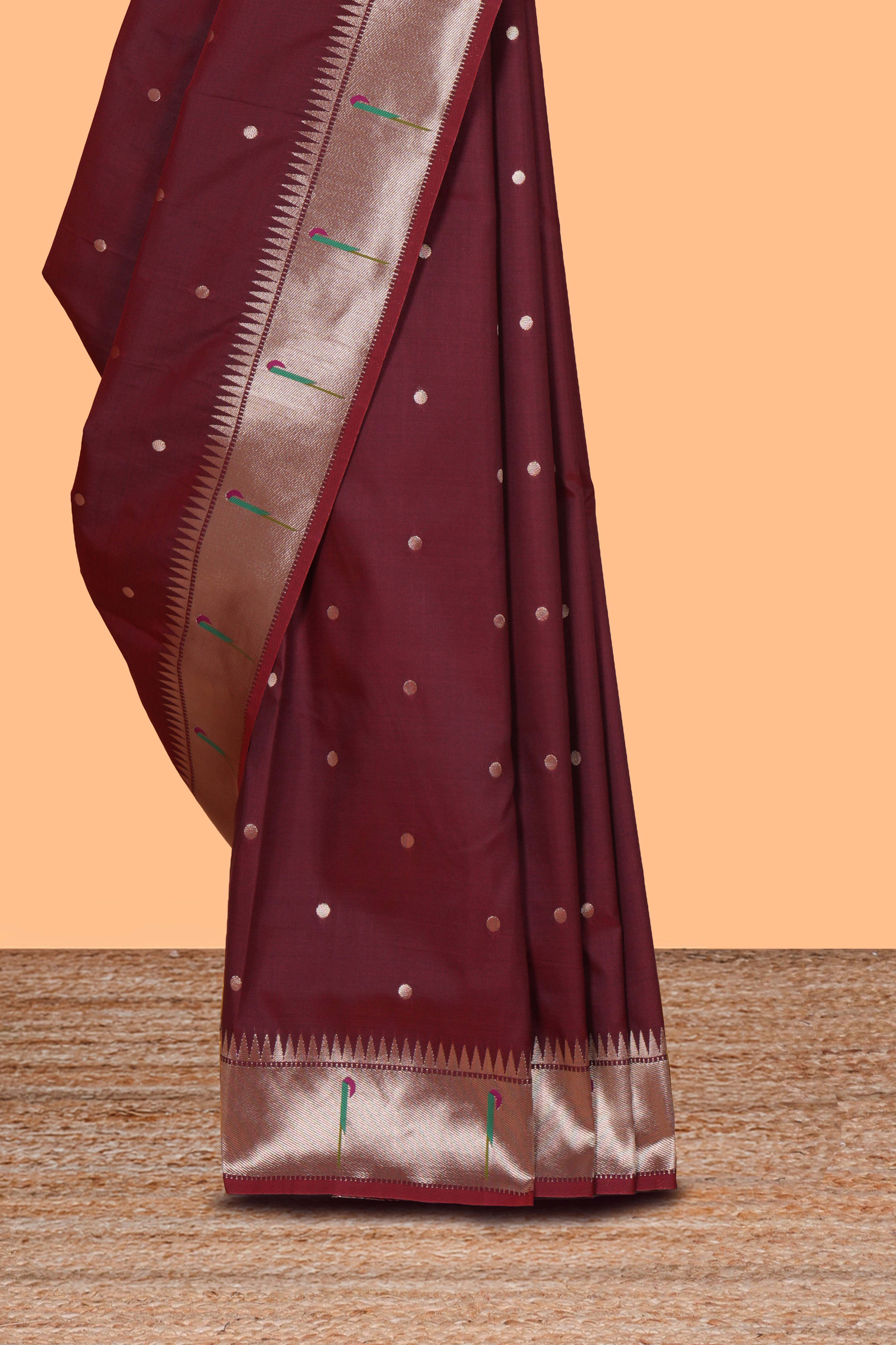 Maroon zari motifs design paithani silk saree with self zari border and matching blouse
