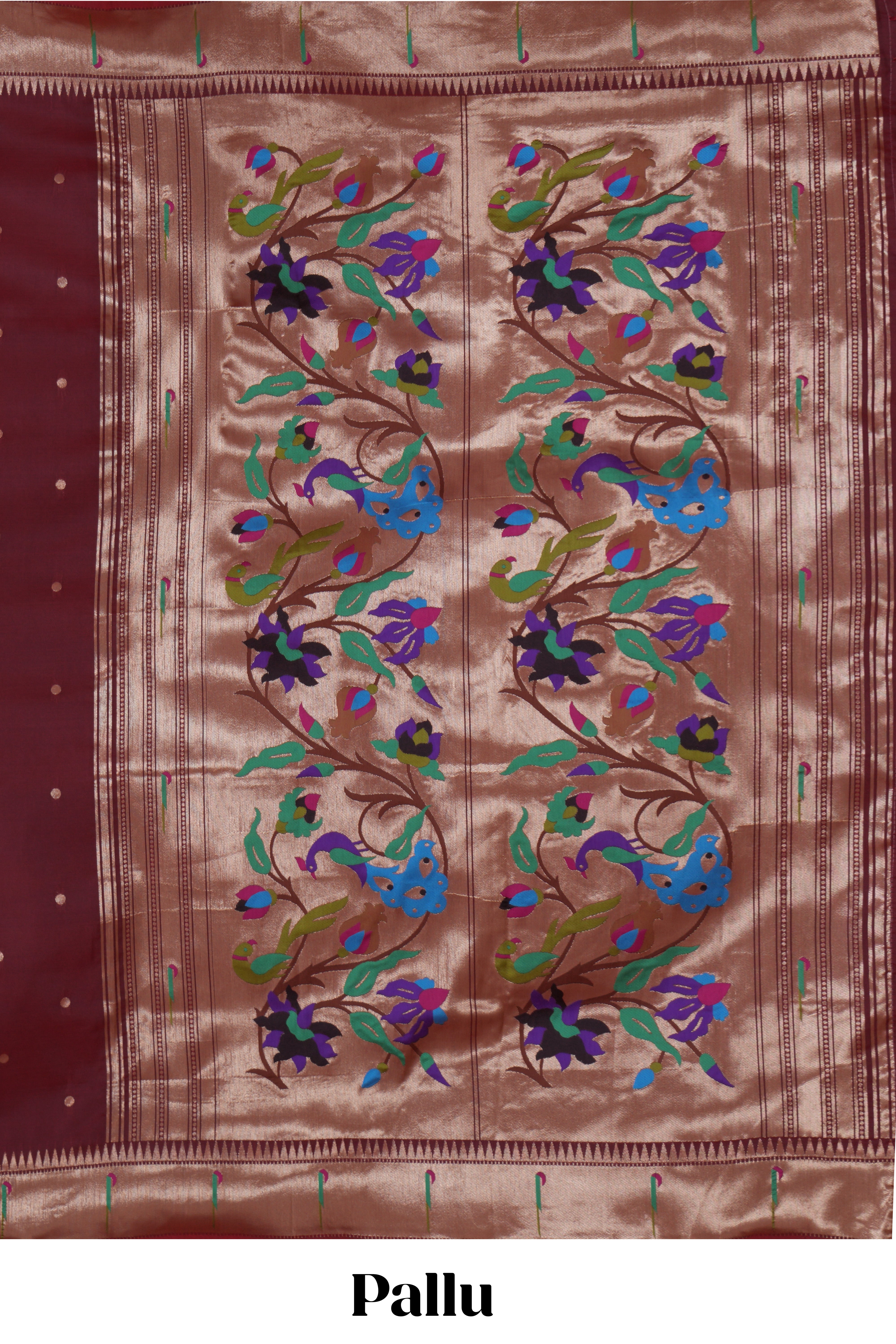 Maroon zari motifs design paithani silk saree with self zari border and matching blouse
