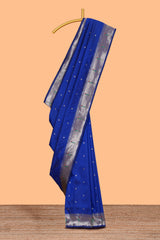Blue zari motifs design paithani silk saree with self zari border and matching blouse