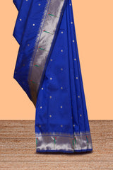 Blue zari motifs design paithani silk saree with self zari border and matching blouse