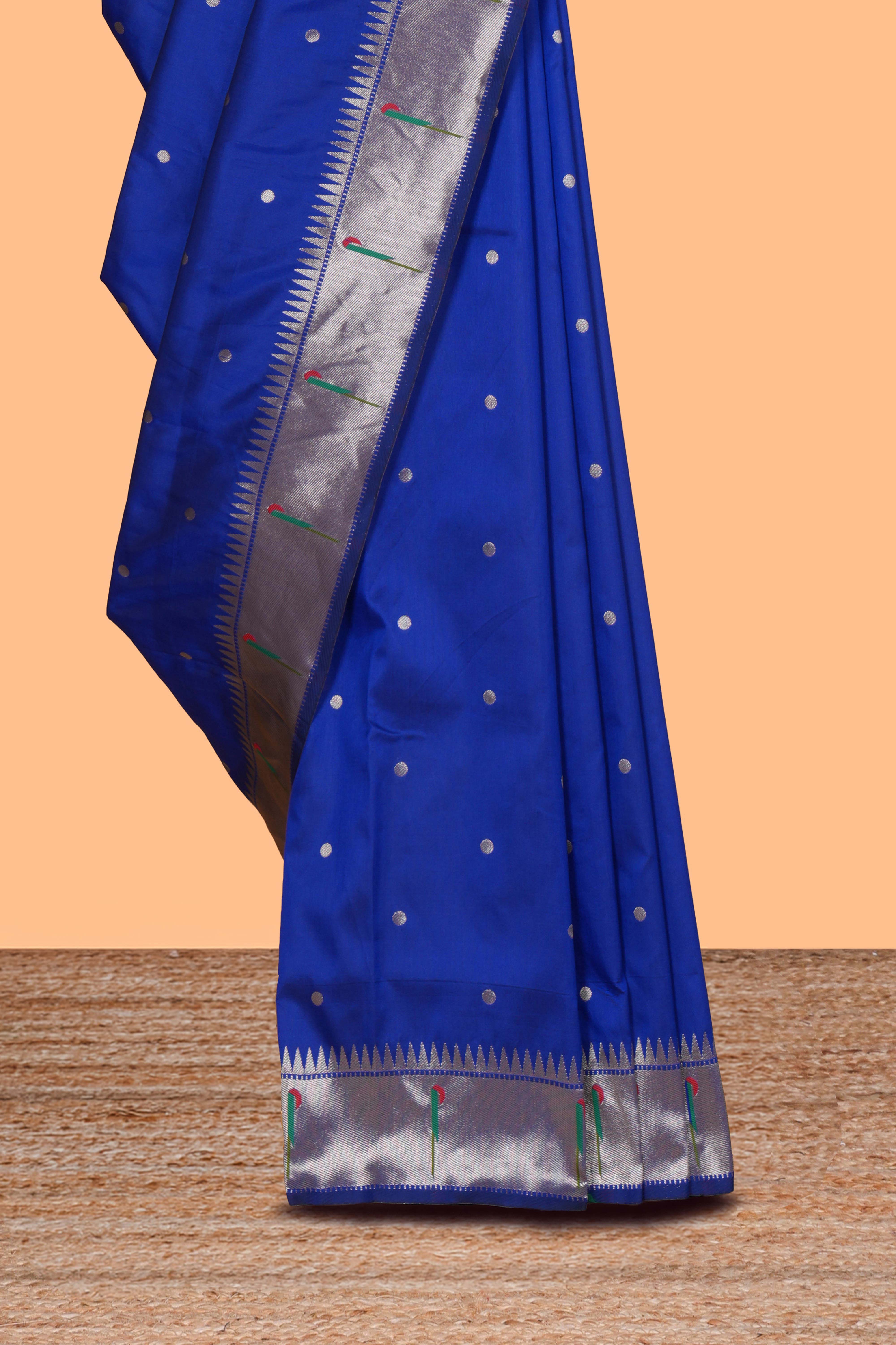 Blue zari motifs design paithani silk saree with self zari border and matching blouse