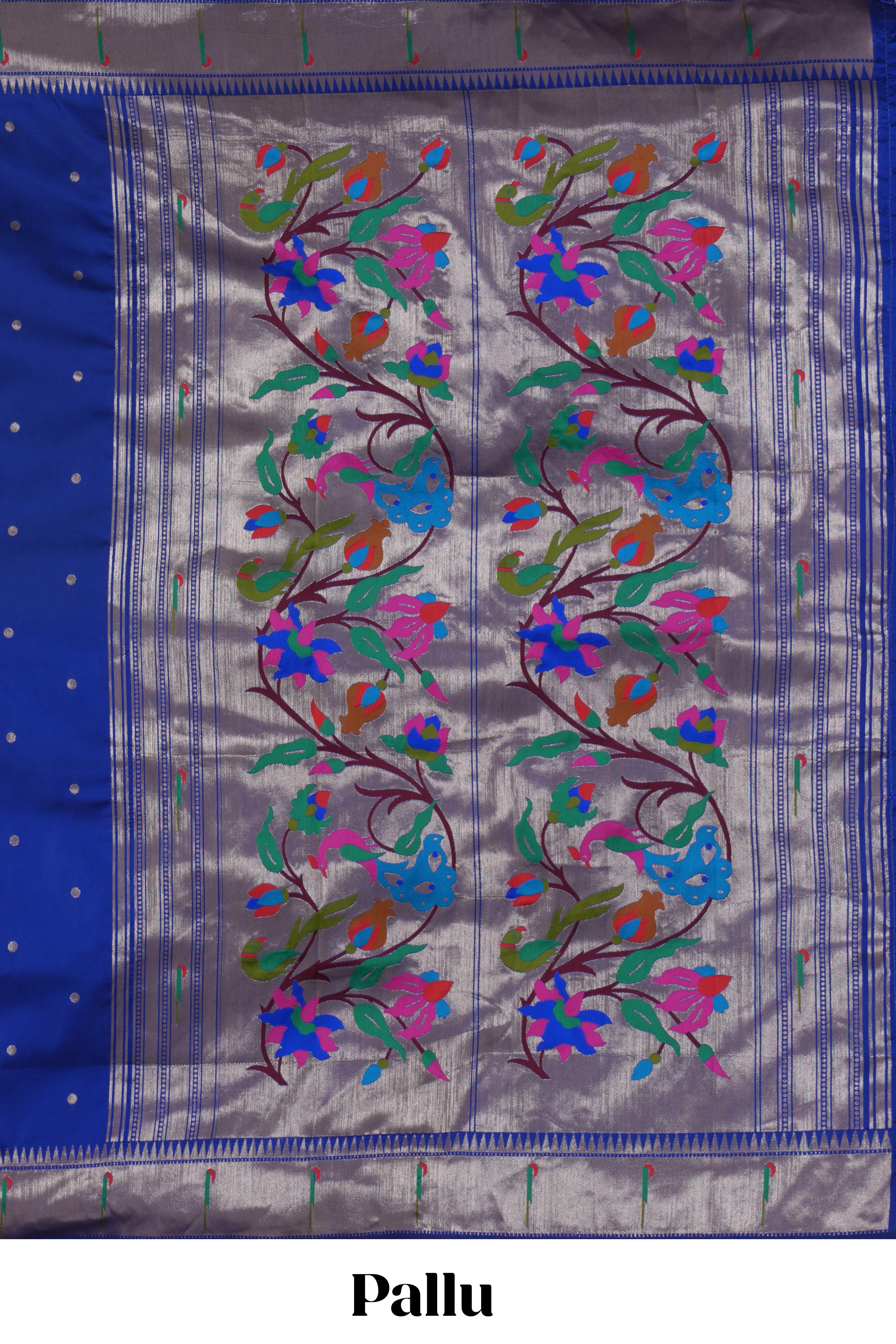 Blue zari motifs design paithani silk saree with self zari border and matching blouse