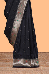 Black zari motifs design paithani silk saree with self zari border and matching blouse