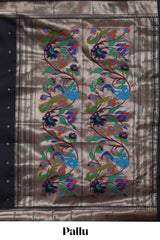 Black zari motifs design paithani silk saree with self zari border and matching blouse