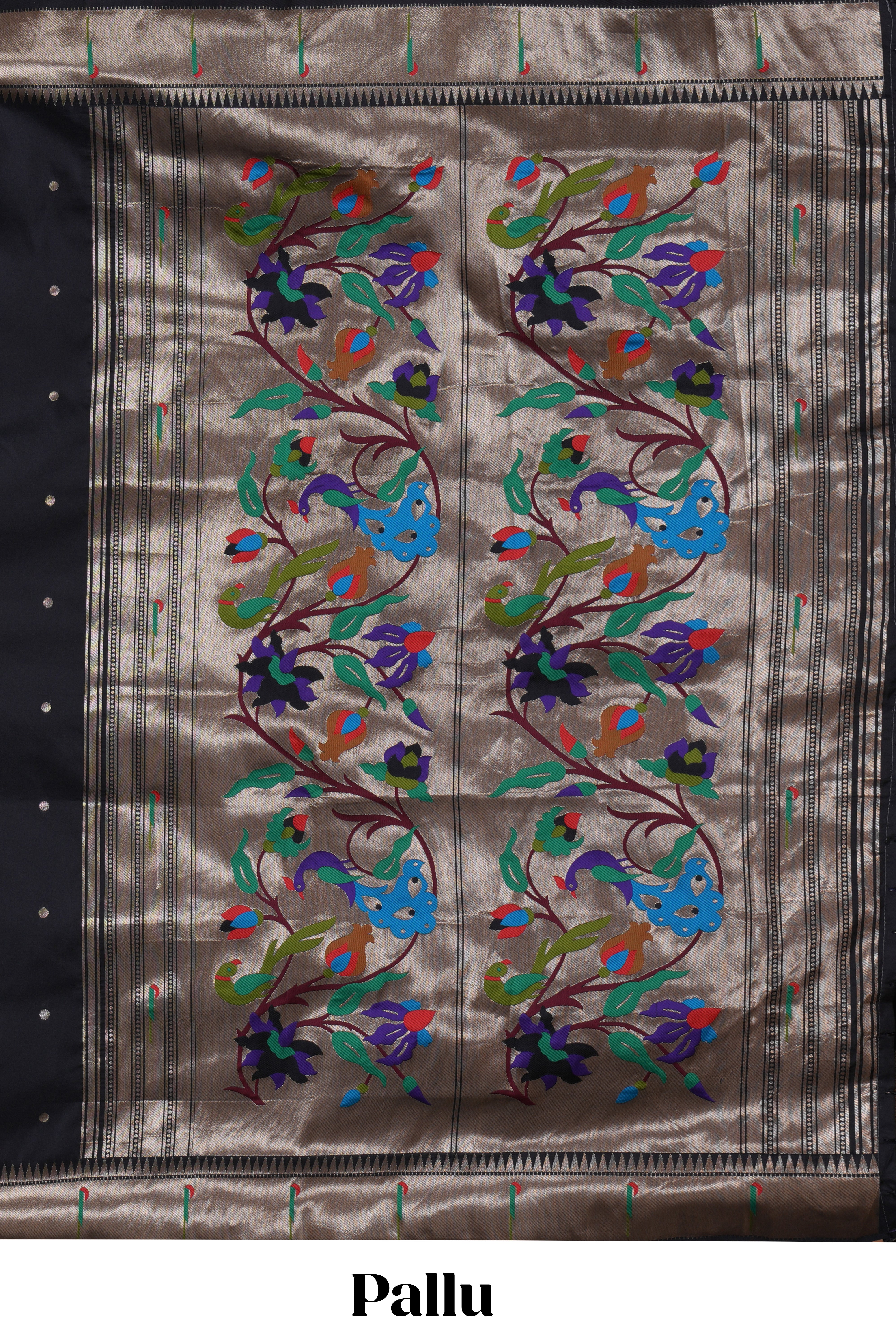 Black zari motifs design paithani silk saree with self zari border and matching blouse