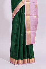 Green zari motifs design pure mysore silk saree with contrast border and zari motifs blouse