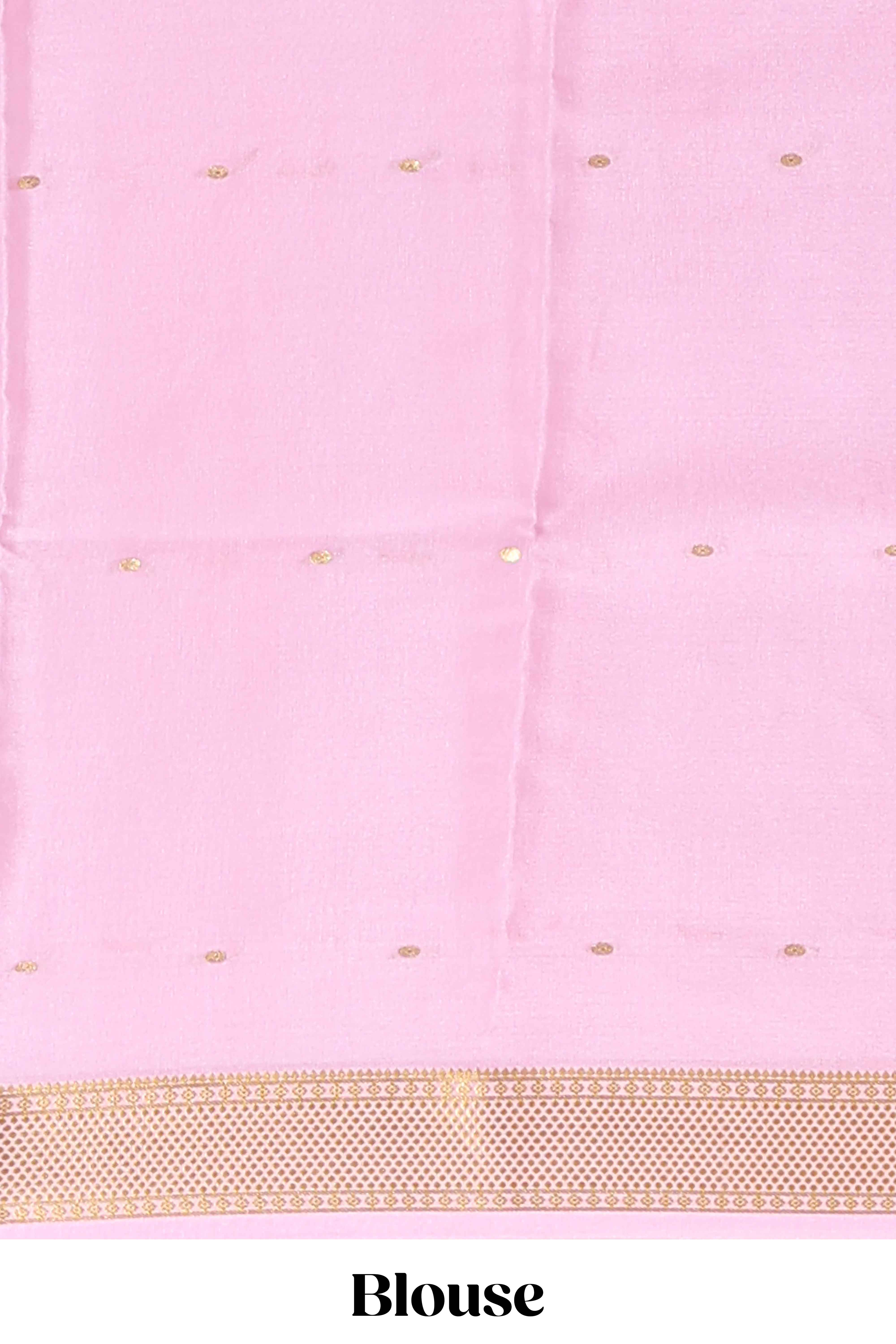 Green zari motifs design pure mysore silk saree with contrast border and zari motifs blouse