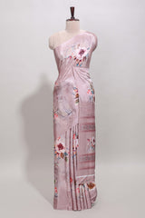 Borderless peach floral design art mysore silk saree with matching floral printed blouse