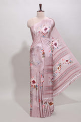 Borderless peach floral design art mysore silk saree with matching floral printed blouse