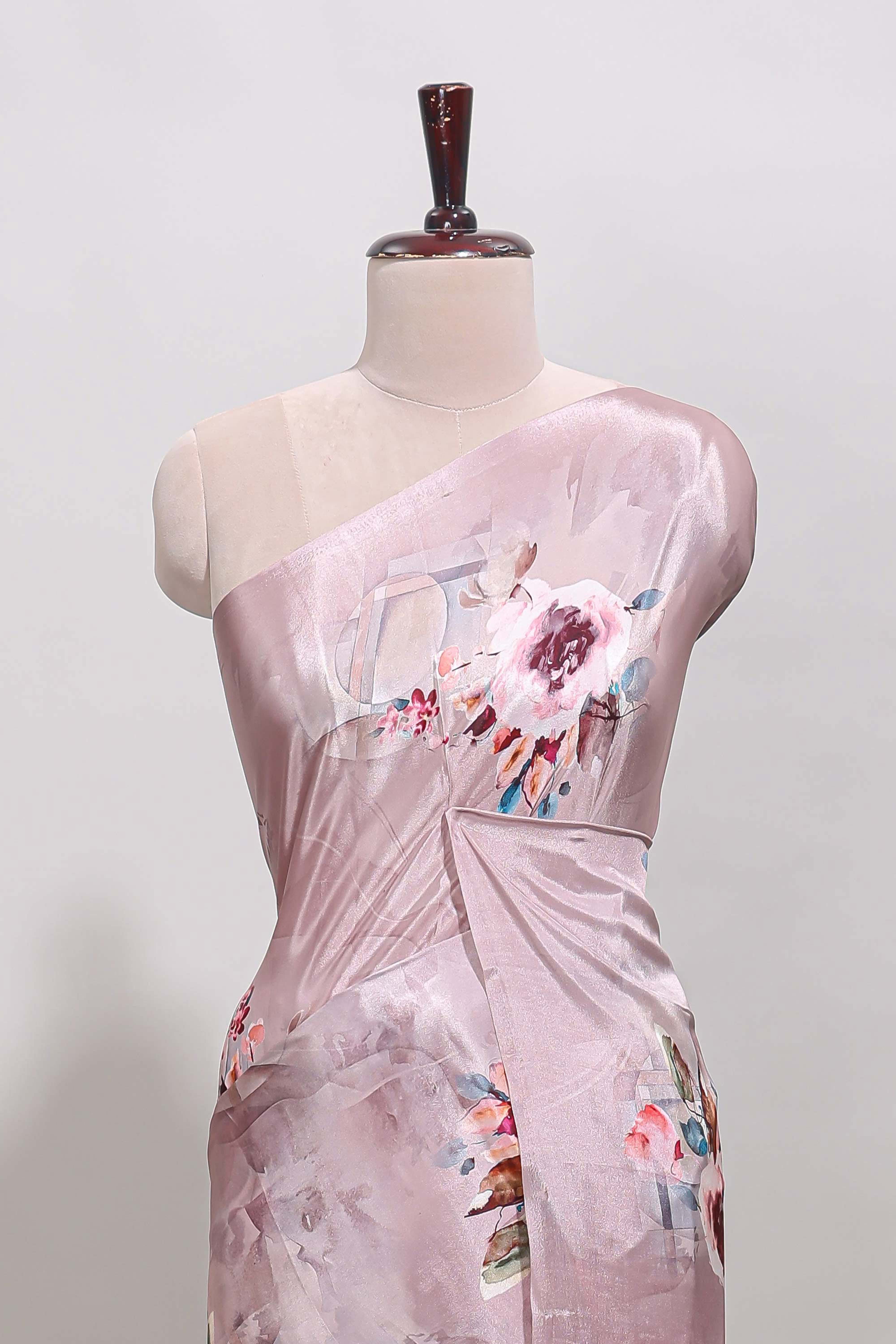 Borderless peach floral design art mysore silk saree with matching floral printed blouse
