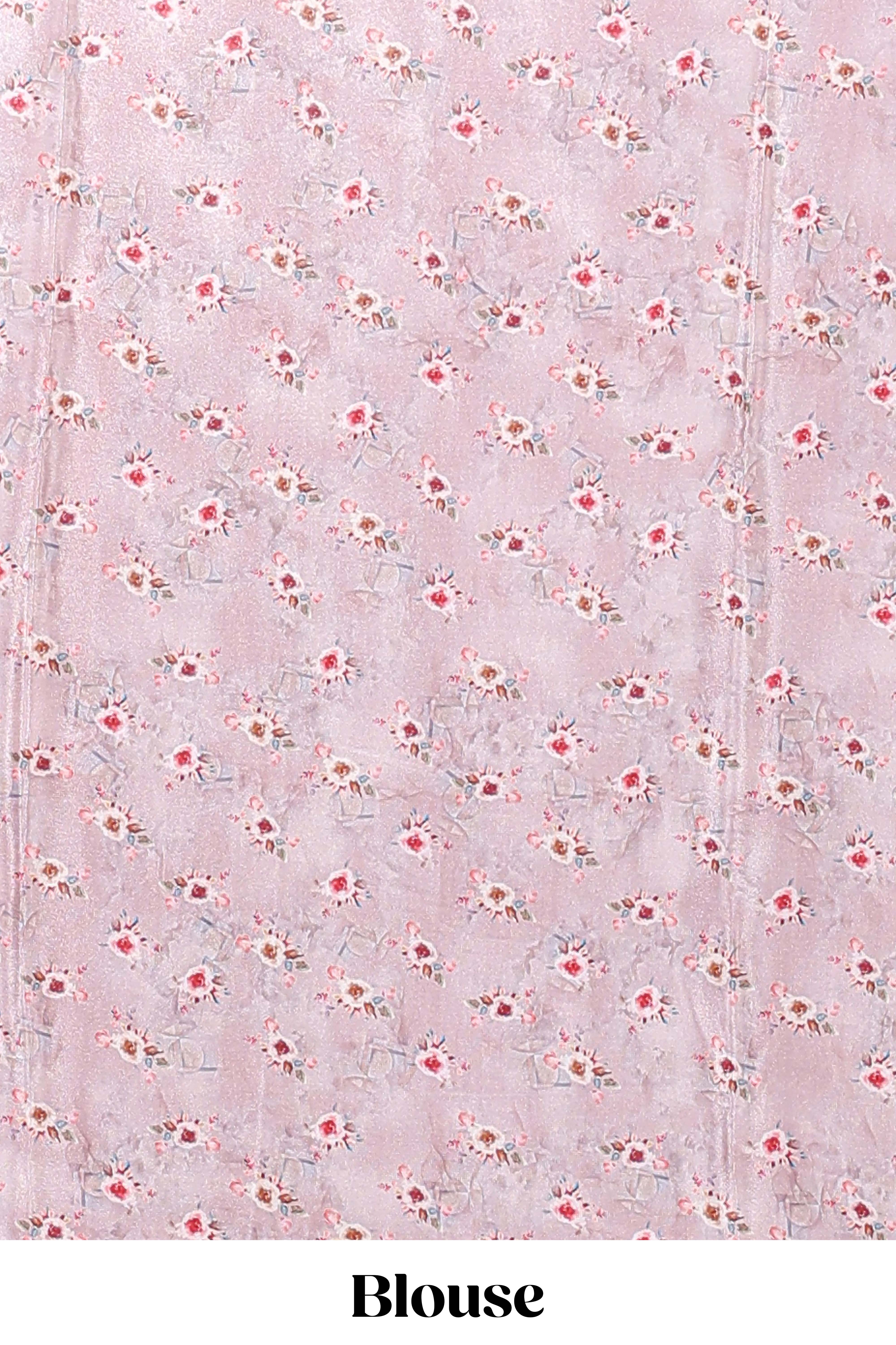 Borderless peach floral design art mysore silk saree with matching floral printed blouse