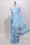 Borderless blue floral design art mysore silk saree with matching floral printed blouse