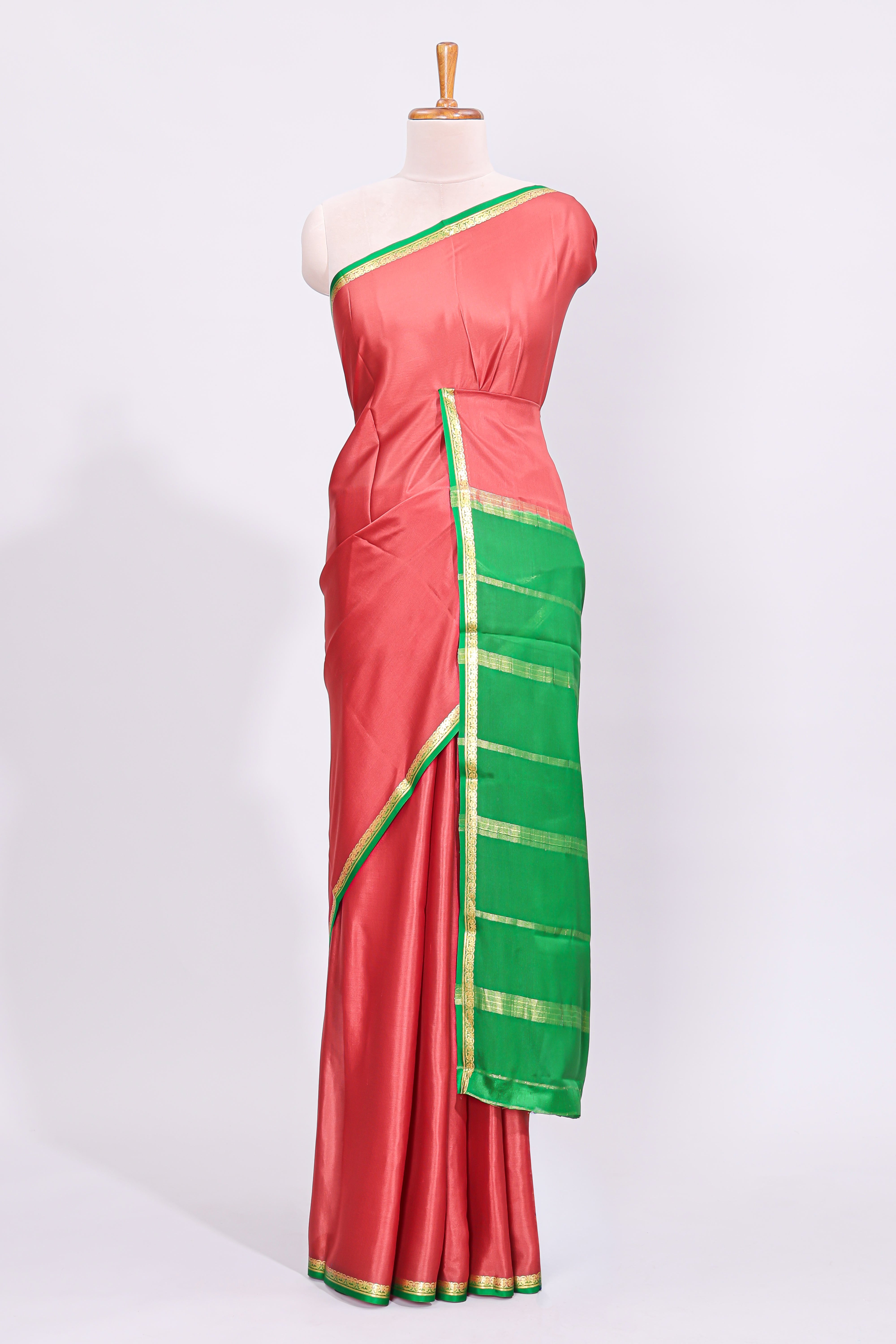 Coral pink plain design pure mysore silk saree with contrast border and blouse