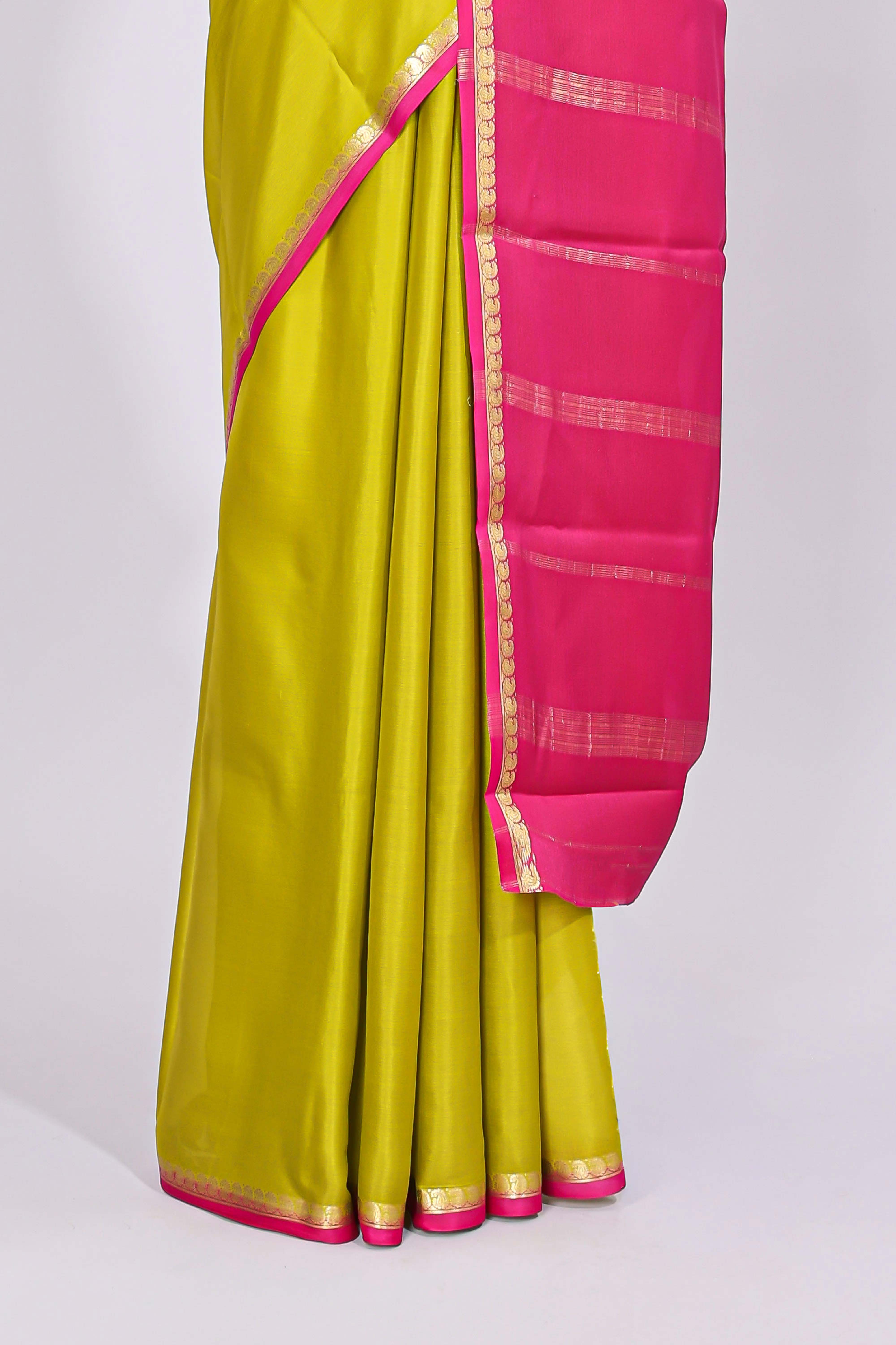 Lime yellow plain design pure mysore silk saree with contrast border and blouse
