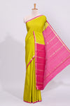 Lime yellow plain design pure mysore silk saree with contrast border and blouse