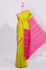 Lime yellow plain design pure mysore silk saree with contrast border and blouse