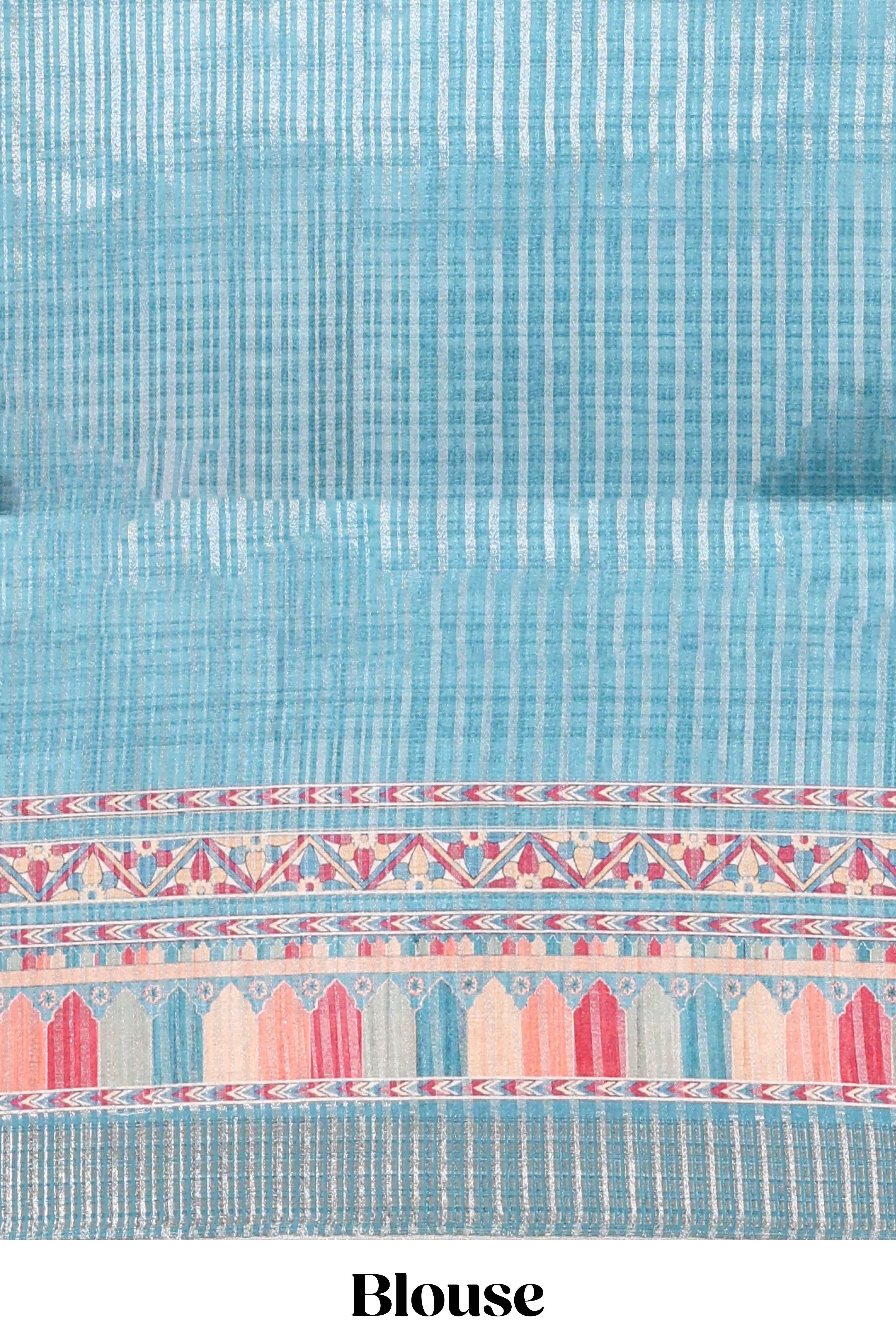 Blue floral design printed saree and self geometric design border and striped blouse