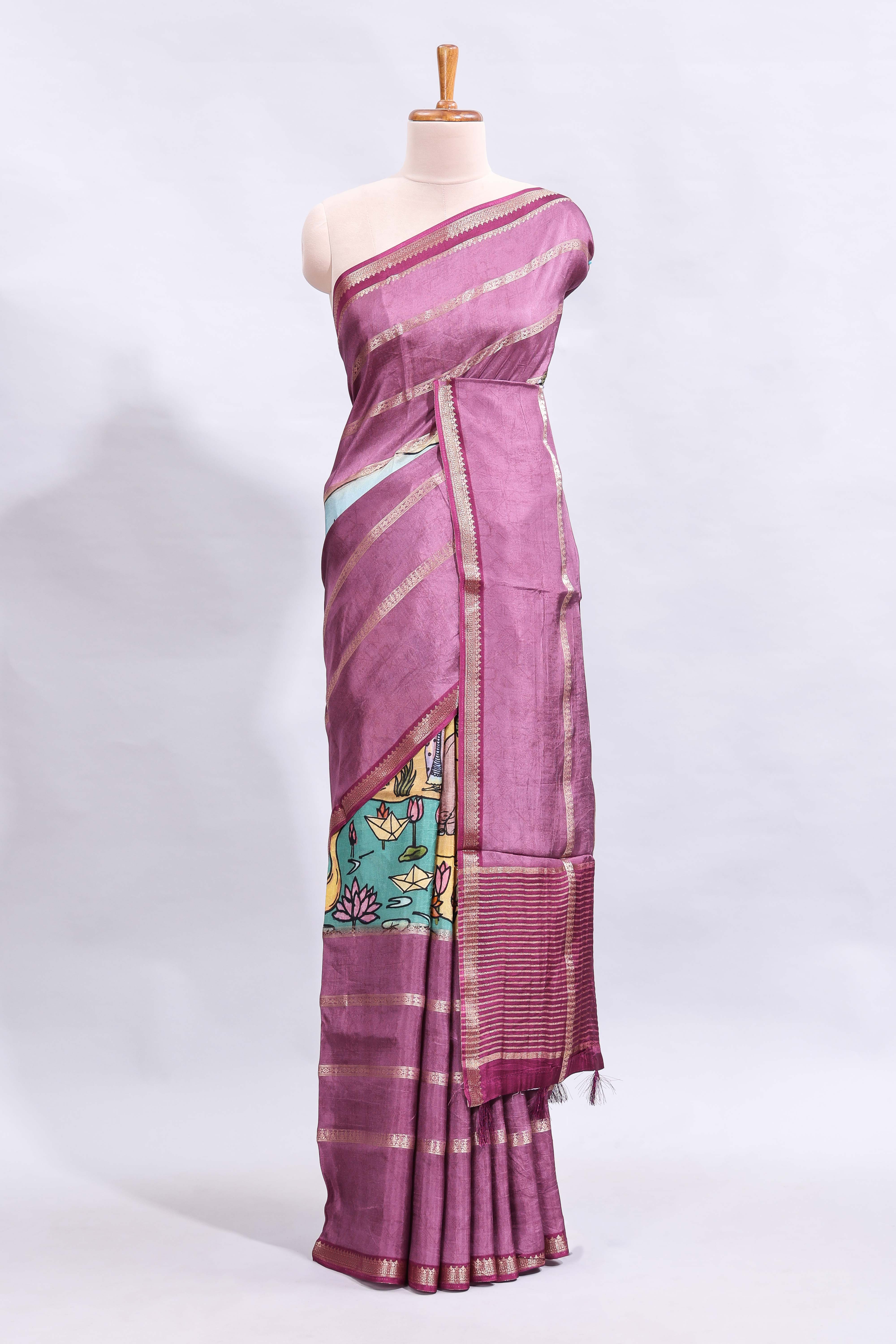 Multi color kalamkari style printed saree with traditional art design with contrast zari border and motifs blouse