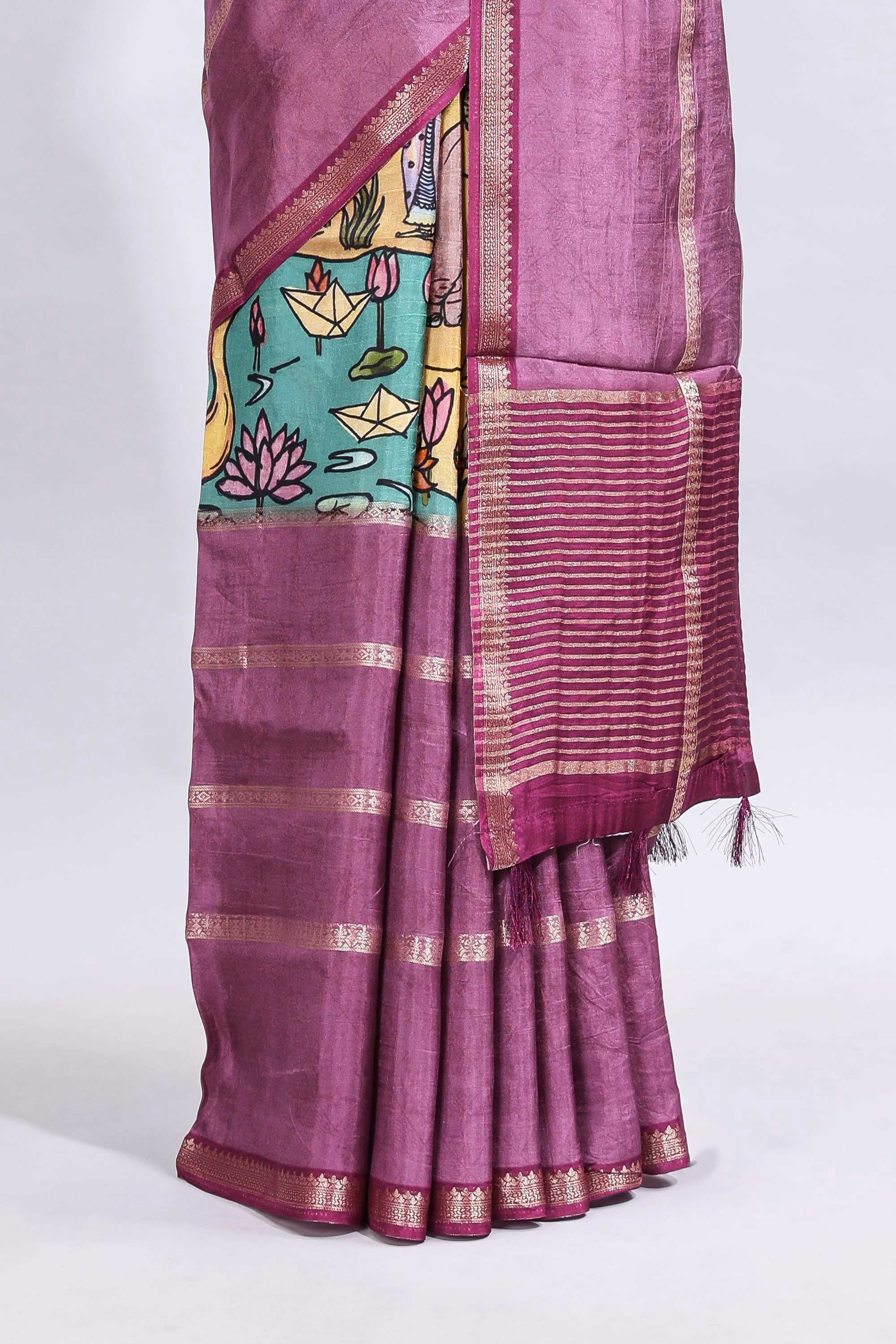 Multi color kalamkari style printed saree with traditional art design with contrast zari border and motifs blouse
