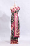 Black traditional theme printed saree with contrast floral & cow design border and plain blouse