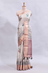 Grey floral design motifs printed saree with contrast zari border and matching blouse