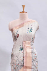 Grey floral design motifs printed saree with contrast zari border and matching blouse