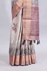 Grey floral design motifs printed saree with contrast zari border and matching blouse