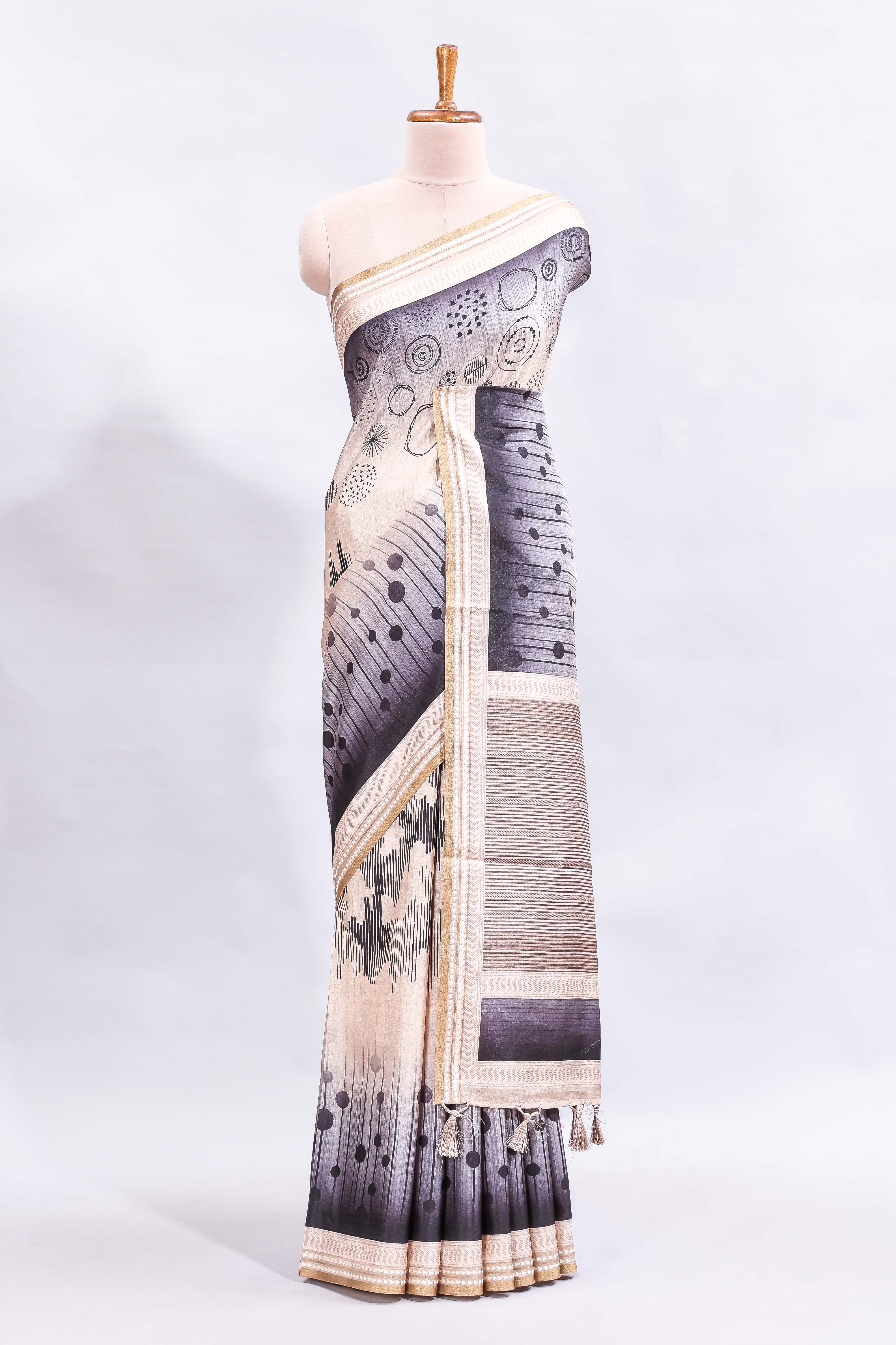 Grey abstract geometric motifs printed saree with contrast border and printed blouse