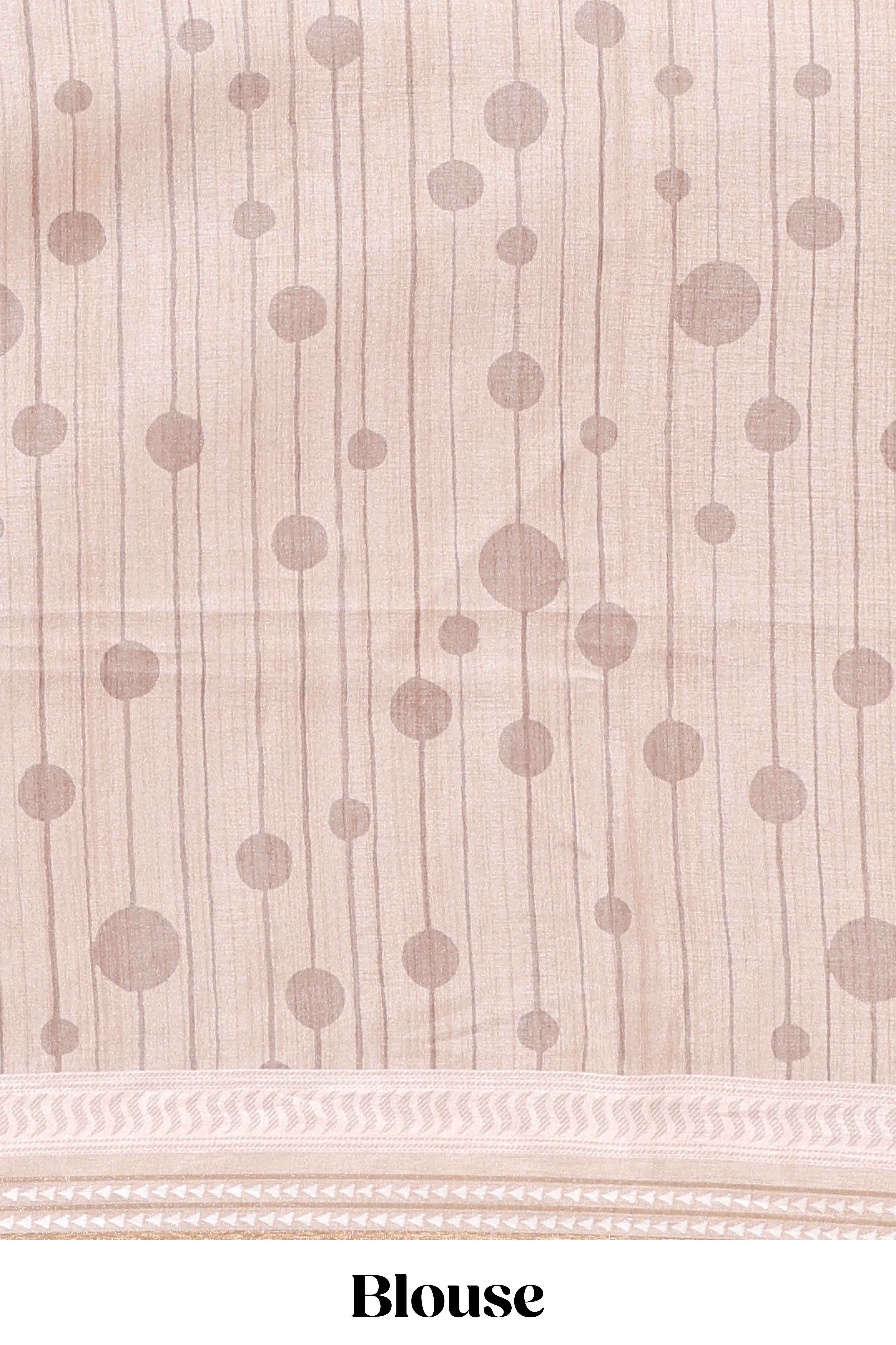 Grey abstract geometric motifs printed saree with contrast border and printed blouse
