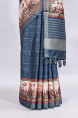 Blue striped floral design printed saree with cultural art motifs and designer tassel pallu