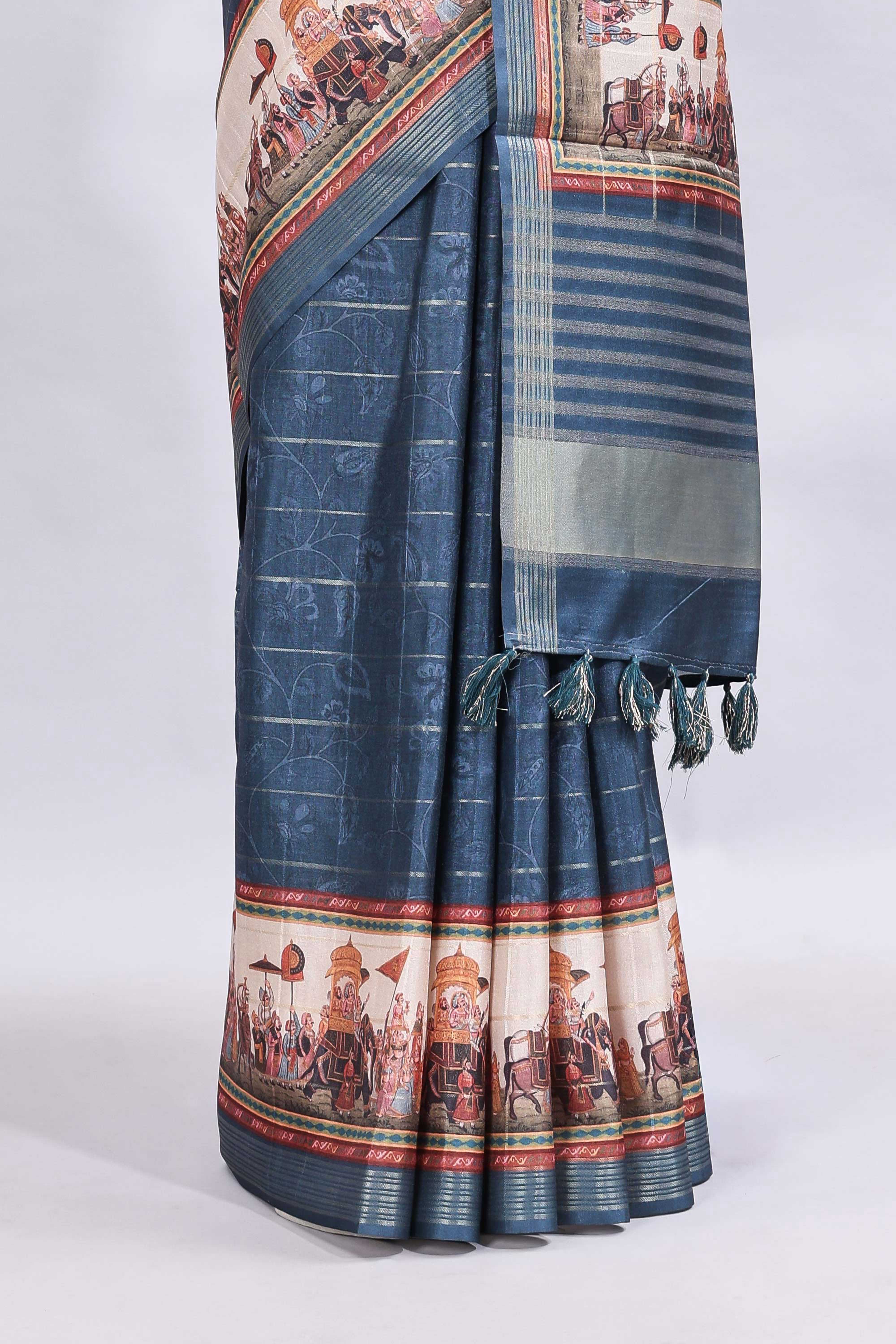 Blue striped floral design printed saree with cultural art motifs and designer tassel pallu