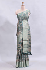Beige floral design printed saree with contrast zari border and matching motifs blouse