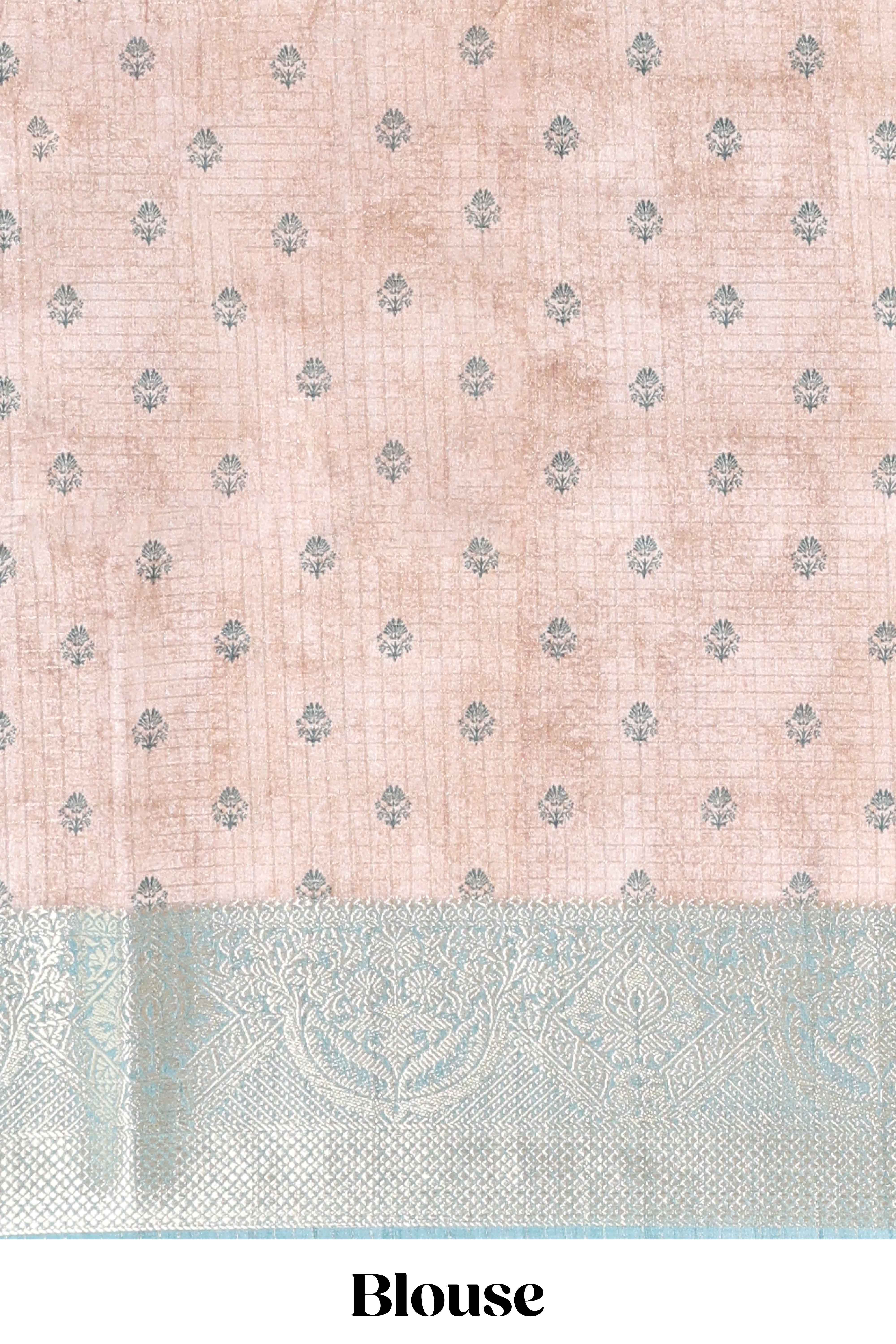 Beige floral design printed saree with contrast zari border and matching motifs blouse