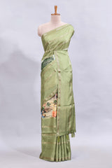 Multi color kalamkari style printed saree with traditional art design with contrast zari border and motifs blouse