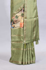 Multi color kalamkari style printed saree with traditional art design with contrast zari border and motifs blouse