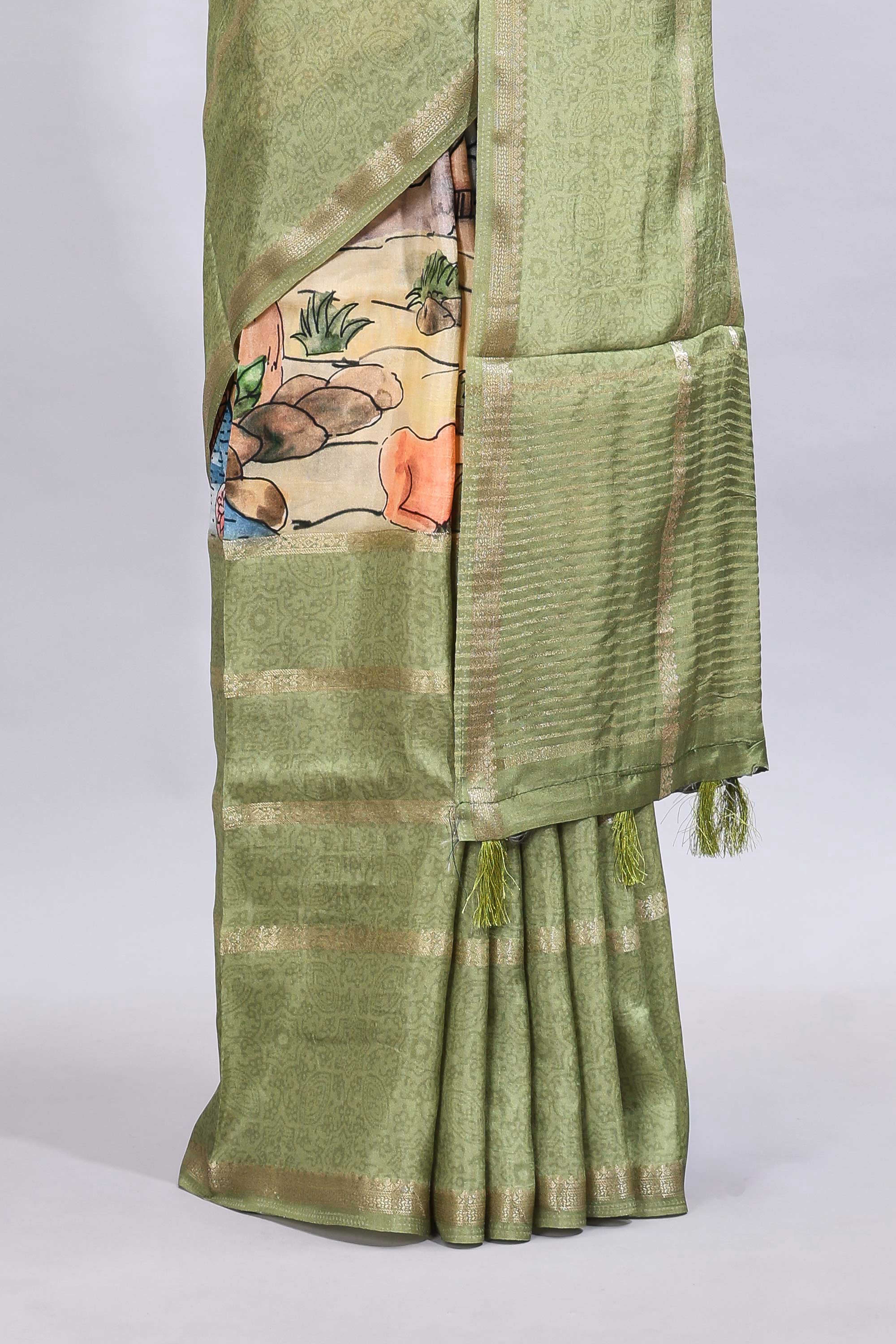 Multi color kalamkari style printed saree with traditional art design with contrast zari border and motifs blouse