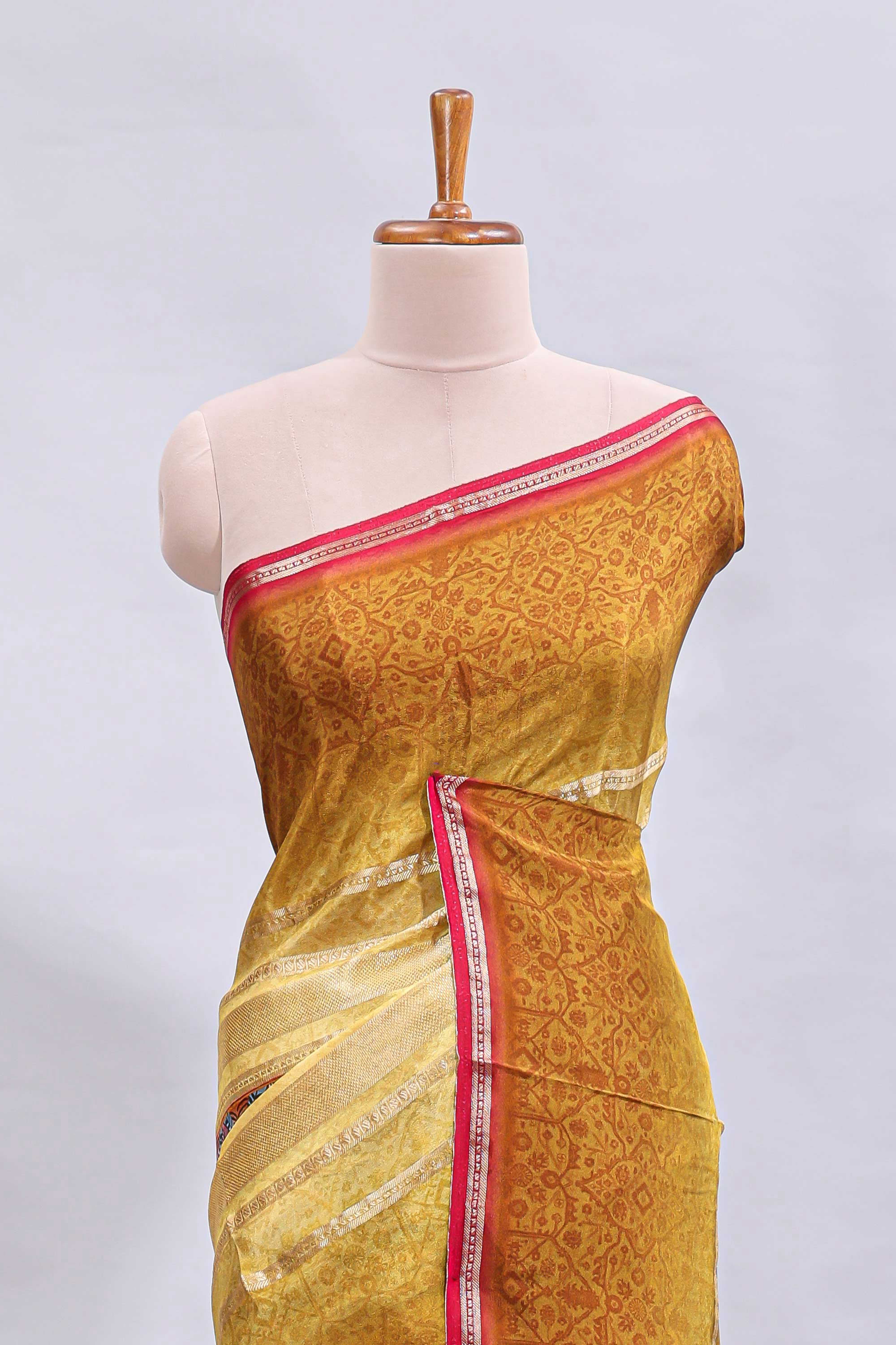 Multi color kalamkari style printed saree with traditional art design with contrast zari border and motifs blouse