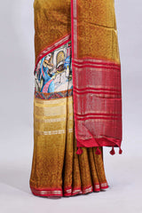 Multi color kalamkari style printed saree with traditional art design with contrast zari border and motifs blouse